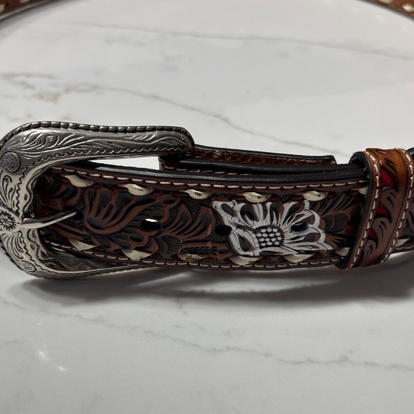 Nocona Brown and Silver Floral Embossed Belt - Picture 3 of 14